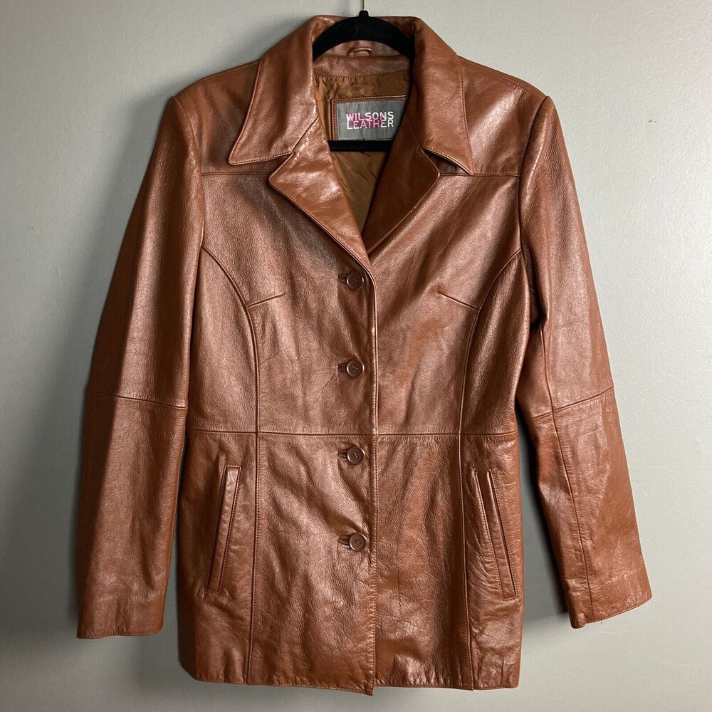 Wilsons Leather Jacket Women's M‎ Medium Brown Tobacco Coat pointed collar